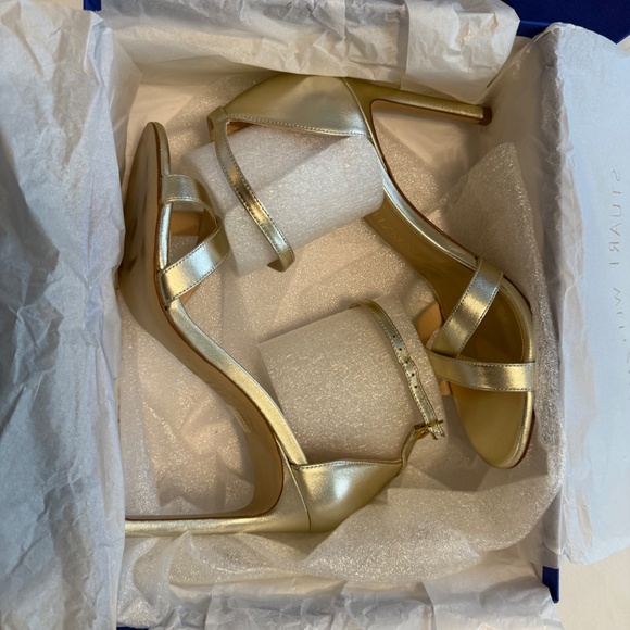 Stuart Weitzman Nudistsong Cross Gold NIB 9 Stiletto Sandal - Picture 5 of 11
